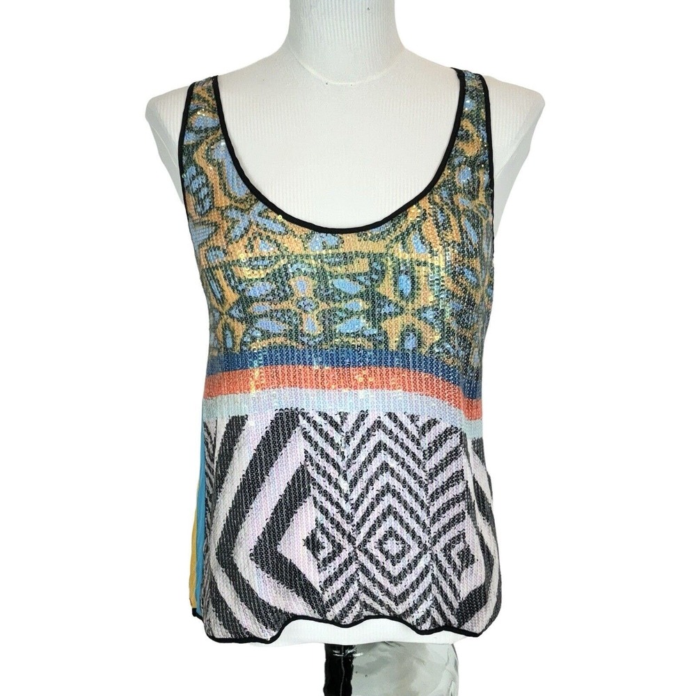Clover Canyon Sz M Sequin Tank Top.‎ Multicolored Abstract. Colorful. Artsy. EUC